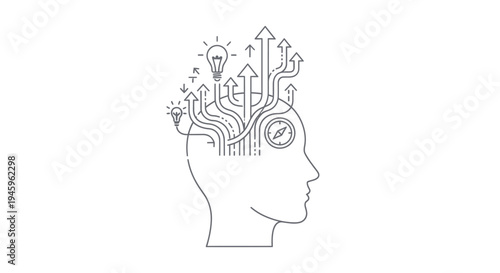 Human head profile illustrates complex mental pathways, arrows indicating growth, ideas represented by light bulbs, and navigation via a compass.