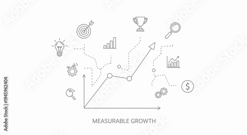 Conceptual diagram illustrates measurable growth trajectory connecting various business strategy icons like targets, lightbulbs, trophies, and analytical data points.