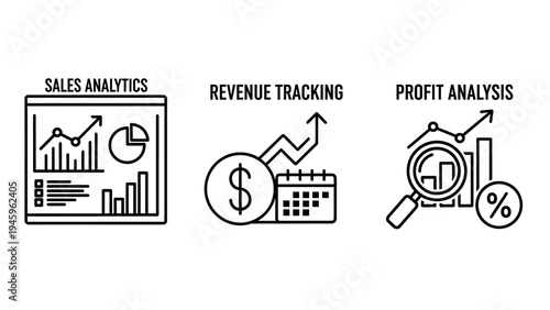 Sales analytics and revenue tracking icons for business reporting