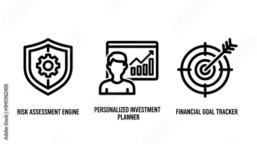 Financial goal tracker and personalized investment planner icon set