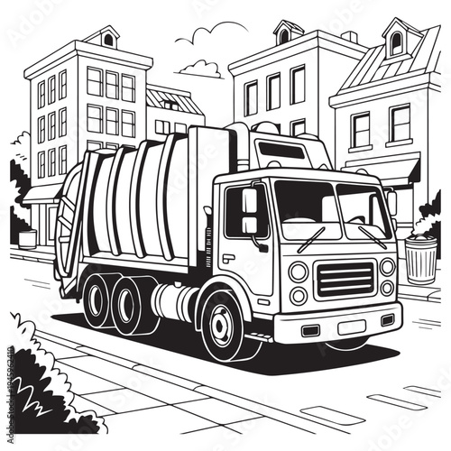 Black and white of garbage truck in urban neighborhood with buildings waste collection