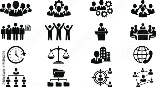 Corporate teamwork and business management icon set featuring leadership meeting organization hierarchy communication network strategy planning office symbols