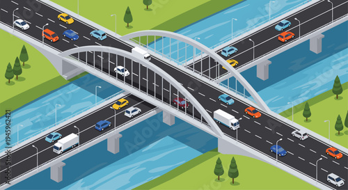 Isometric view of a complex highway interchange with multiple bridges spanning across a wide blue river filled with various cars and trucks.