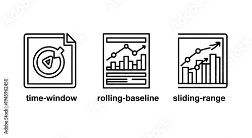 Data analytics and time series monitoring icons featuring rolling baseline and sliding range charts