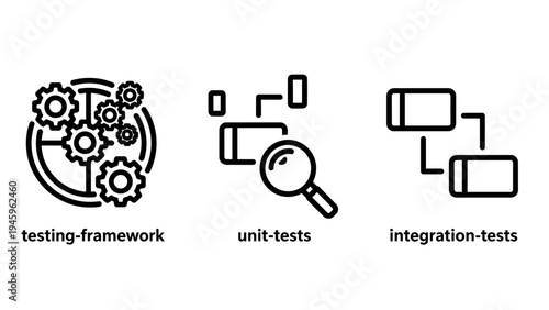 Software development testing framework icons showing unit tests and integration tests with gears