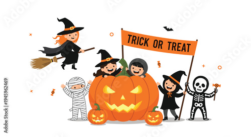 Diverse group of children in creative Halloween costumes celebrates trick or treat around a large glowing jack-o-lantern and orange banners.