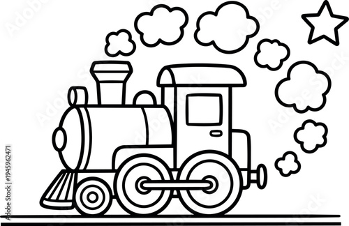 Simple black and white line art steam locomotive train with smoke clouds and star in whimsical cartoon style