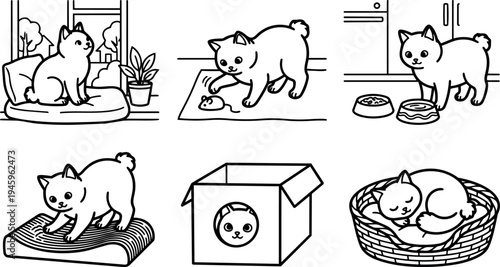 Minimalist line art vector cats in various playful activities resting eating and playing with toys and scratching pad indoors
