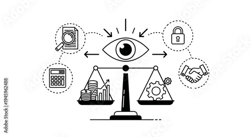 A central eye observes the balance scale weighing financial assets against operational gears, symbolizing governance and oversight.