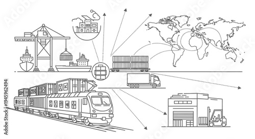 Global freight logistics diagram shows containers moved by train, truck, and ship, connecting to a warehouse and world map illustration.