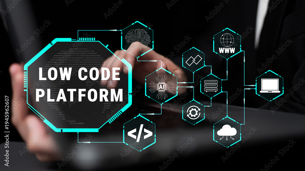 Fototapeta premium Innovative Low Code Platform Concept with Digital Connections and Icons Representing Technology and Development Trends Quark.