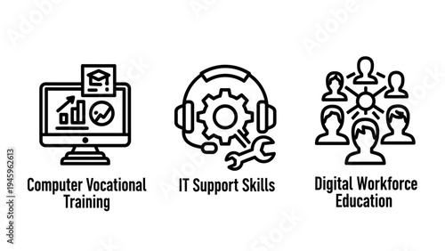 Information technology education and digital workforce training icon set for computer skills and technical support with e learning