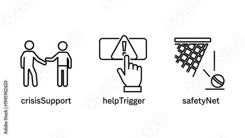 Social crisis support and emergency assistance icon set with help trigger alert and safety net metaphor symbols