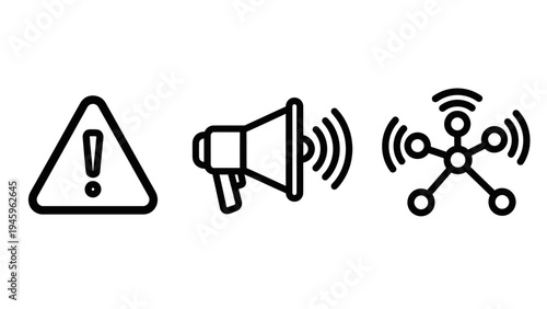 Emergency alert and communication notification icon set with warning signal megaphone and network broadcast symbols