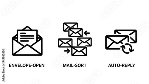 Email management icon collection including open envelope mail sort and auto-reply linear vector graphics for business communication
