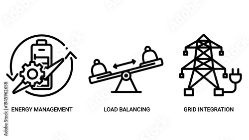 Energy management icons set with load balancing and grid integration linear vector graphic elements for power industry