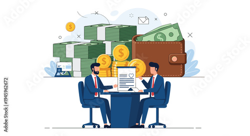 Two professional businessmen sit at a table to sign a legal contract with a background of large money stacks and a leather wallet full of cash.