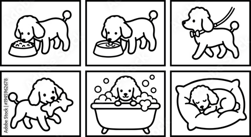 Minimalist line art vector set of small dog eating drinking walking holding toy bathing sleeping peaceful scenes