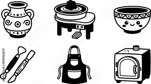 Black and white vector art set with pottery wheel apron bowl kiln and sculpting tools in simple line style for ceramic pottery making design