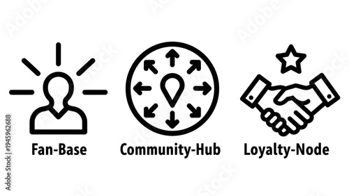 Community and loyalty icon set featuring fan base community hub and loyalty node linear vector illustrations for brand engagement
