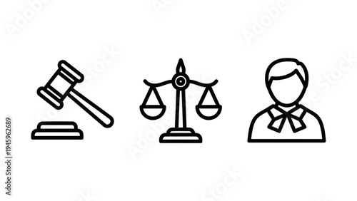 Law and justice icon collection featuring gavel scales of justice and judge character linear vector illustrations for legal services