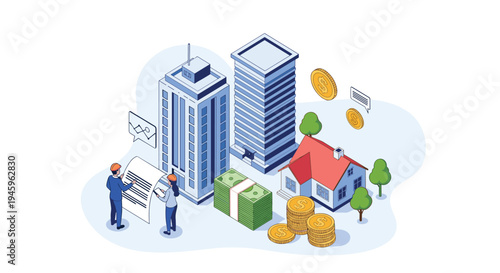 Real estate investors review architectural blueprints near a model of modern buildings and a suburban house with stacks of cash and coins.