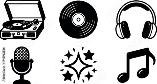 Black minimalist vector icons set featuring vinyl record player headphones microphone music notes and sparkling stars illustration