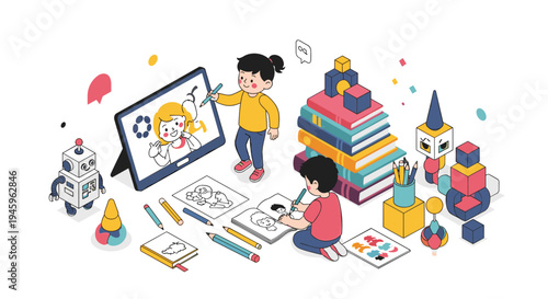 Group of creative children plays together in a room filled with colorful toys, books, and a digital tablet used for drawing and learning.