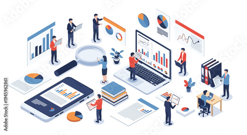 Team of professionals uses various digital devices and printed charts to analyze complex data sets and business statistics in a workspace.