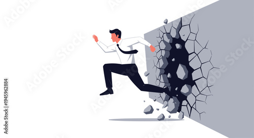 Determined businessman in a white shirt and tie breaks through a solid gray concrete wall symbolizing overcoming obstacles and reaching success.