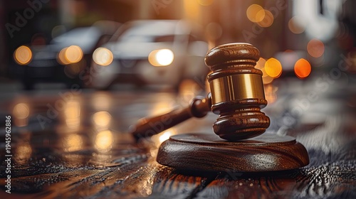 Wooden judge gavel with police car lights in urban night street