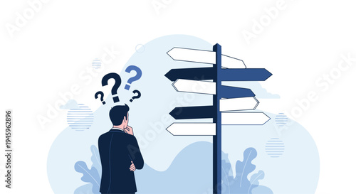 Confused businessman stands before a signpost with multiple arrows pointing in different directions under floating question marks of uncertainty.