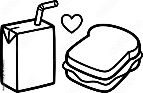 Minimalist black line art sandwich with juice box and heart symbol in simple vector illustration style