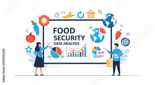 Professionals presenting food security data analysis with charts and global maps on a large display screen with vegetable icons.