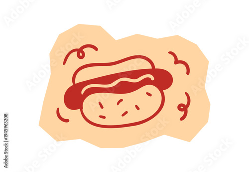 Hot Dog Icon with Mustard and Sesame Bun on Organic Shape for scrapbook and journal. Vector illustration design.