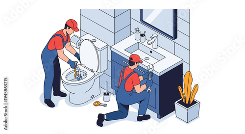 Two plumbers in red uniforms and caps are fixing a toilet and a sink in a modern bathroom setting in isometric style.