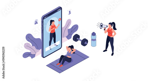 Woman performing situps on a mat while following an online fitness class on a giant smartphone with a coach nearby.