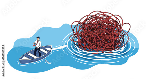 Businessman in a boat rowing towards a giant tangled knot representing complex problems or challenges on the water.