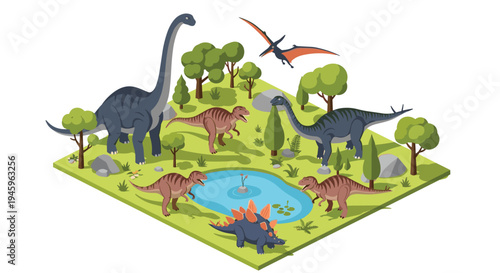Diverse group of dinosaurs including long necks and carnivores living in a lush prehistoric landscape with trees and a pond.