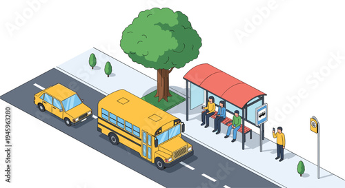 Yellow school bus and a car driving past a bus stop where people are waiting under a tree in an isometric city setting.