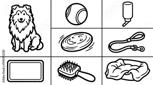 Line art dog with ball frisbee leash bed brush water bottle icons collection set black outline vector