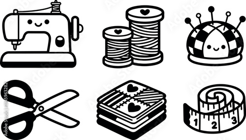 Cute smiling sewing machine with thread spools pin cushion scissors patchwork and measuring tape icons set vector art design