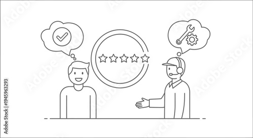 Customer satisfaction review involves a happy client giving five stars while a service agent thinks about technical maintenance and support readiness.