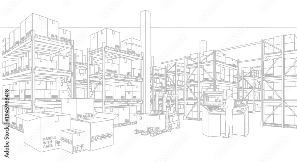 Fototapeta premium Warehouse interior line drawing shows tall metal shelving units stacked high with numerous cardboard shipping boxes awaiting distribution.