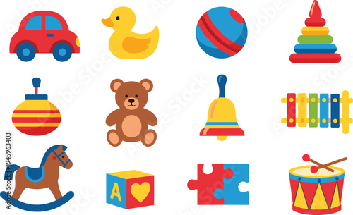 Children toy set, car, duck, ball, teddy bear, rocking horse, xylophone, puzzle, drum, stack rings, colorful play illustration vector