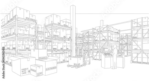 Warehouse interior line drawing shows tall metal shelving units stacked high with numerous cardboard shipping boxes awaiting distribution.
