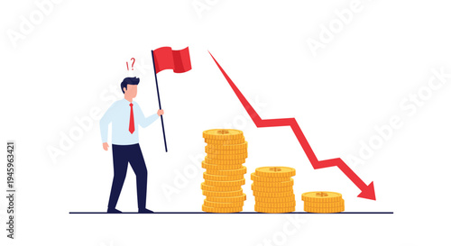 Confused businessman holding a red flag watching a red arrow decline over stacks of gold coins signifying financial loss.