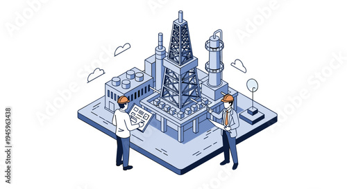 Engineers reviewing blueprints and digital data at an industrial oil refinery plant in a clean isometric illustration.