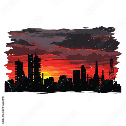 Dramatic cityscape silhouette against a fiery sunset with stormy clouds, evoking a sense of urban intensity