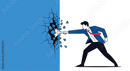 Determined businessman in a blue suit punching through a solid blue wall to break barriers and overcome obstacles.